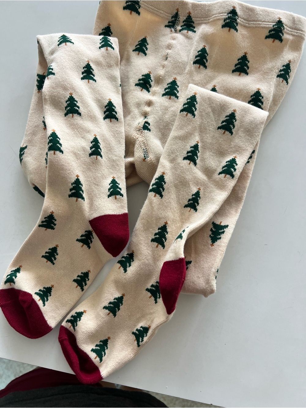 Kids Beige Tights with Green Tree Print and Burgundy Accents